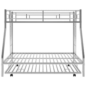 Silver Metal Twin Over Full Bunk Bed with Trundle, 2-Side Ladders