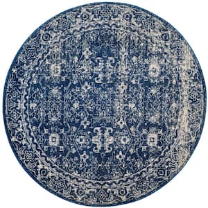 Evoke Navy/Ivory 5 ft. x 5 ft. Round Floral Speckles Distressed Area Rug