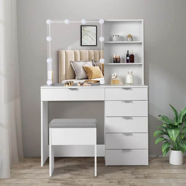 2-Piece White Makeup Vanity Set with 6-Drawer 2-Tier Mirrored Cabinet