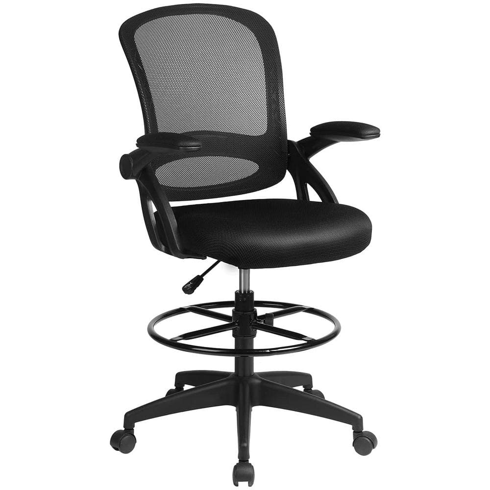 MAYKOOSH Black Flip-Top Ergonomic Mesh Drafting Swivel Desk Chair Lumbar  Support, Height Adjustable with Foot Ring 24860 - The Home Depot