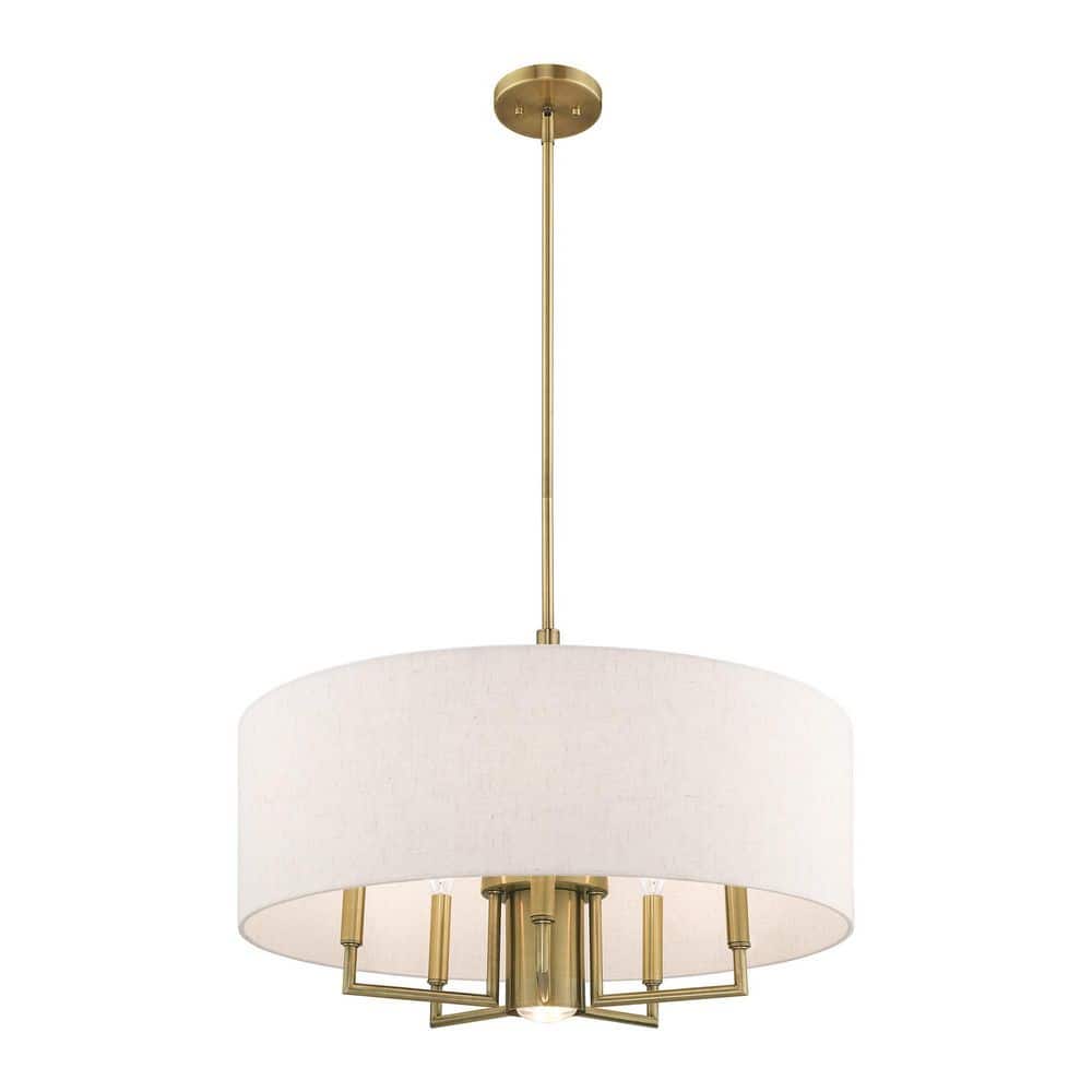 Antique Brass 6-Light Pendant Chandelier with Oatmeal Shade