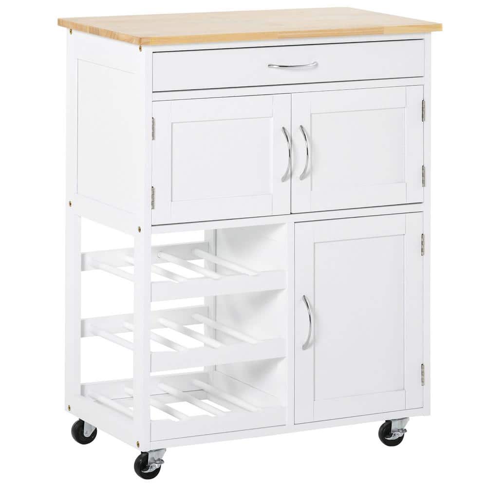 White Wood 26.5 in. Kitchen Island on Wheels with Wine Rack