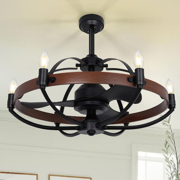 Ltemziiy 27 in. Indoor Walnut Farmhouse Style Chandelier Ceiling Fan with Light and Remote Control/APP Control, LED Dimmable