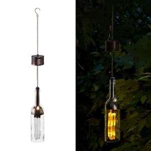 Outdoor Hanging Solar Powered Metal and Glass Bottle Lantern with LED Light, Bronze