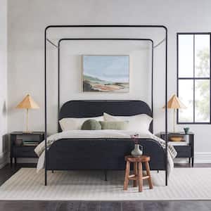 Industrial Black Metal Frame Queen Canopy Bed with Wood Headboard and Footboard