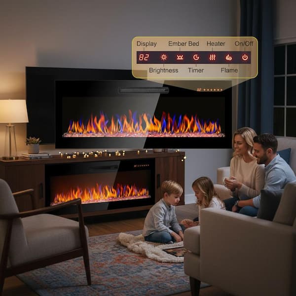 50 in. 1400-Watt Black 5000 BTU Recessed Electric Fireplace Utility Convection Infrared Space Heater with Remote