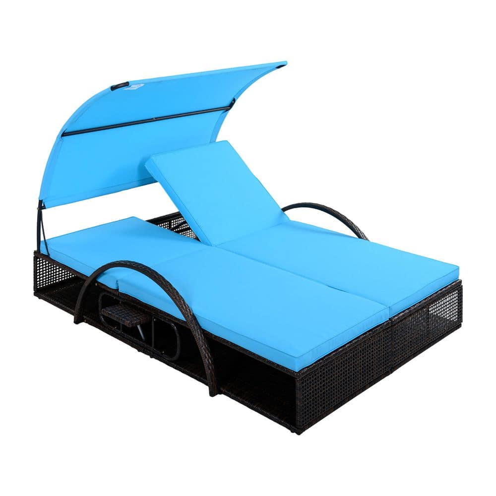 Metal Outdoor Double Chaise Lounge with Blue Cushions Adjustable Backrest, Hidden Side Table and Arched Armrests price history on PriceWatchPro