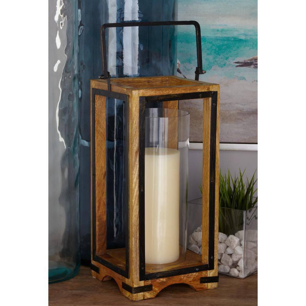Elegant Wood and Glass Hurricane Candle Lantern, 26" Brown