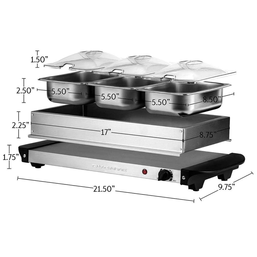 Silver Stainless Steel Electric Buffet Server with 3 Chafing Pans
