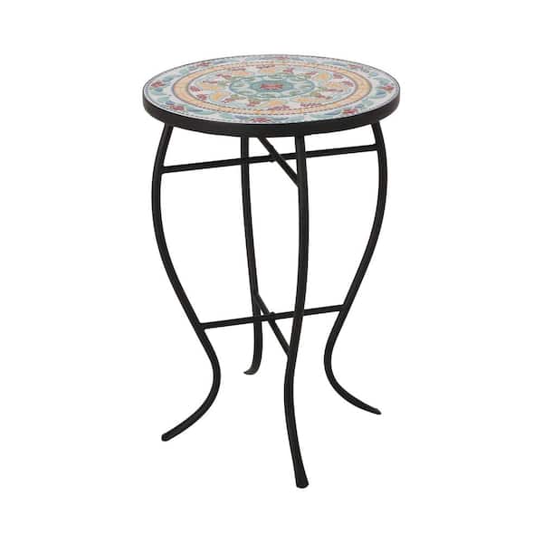 Lansdowne 15.75 in. x 22.25 in. Yellow and Red Round Marble Outdoor Patio End Table