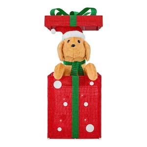 3.5 ft. Yuletide Lane LED Golden Retriever in Gift Box Holiday Yard Decoration