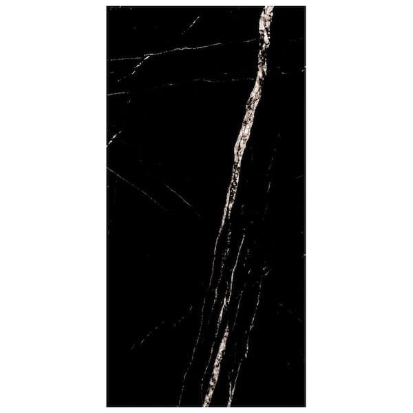 Tavish Nero Polished Black Porcelain Tile White Veining Rectangle Tile 24 in. x 48 in., Floor and Wall (16 sq. ft./Case)