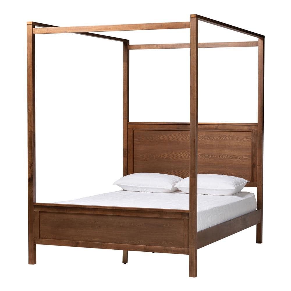 Elegant Walnut Brown King Size Wood Canopy Platform Bed