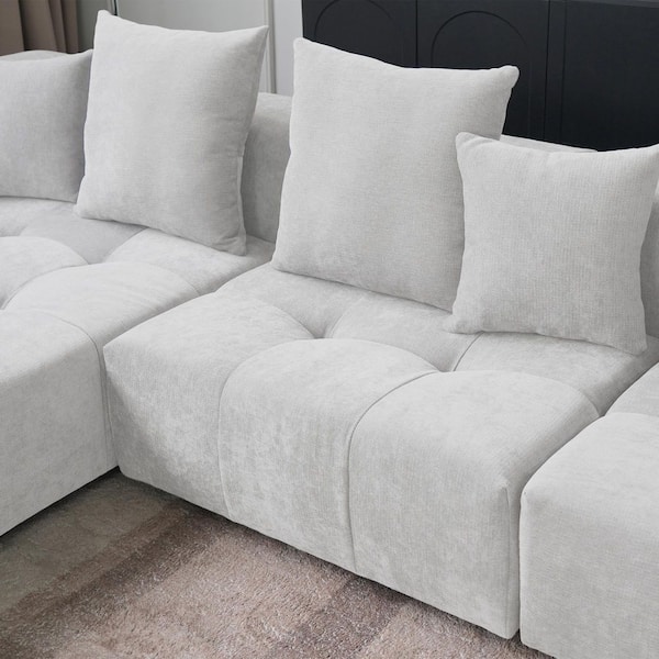J&E Home 6-Piece White Linen 183.5 in. W Sectional Sofa Oversized