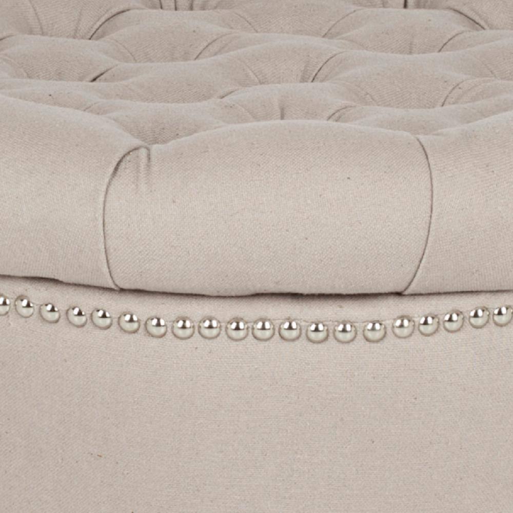 Taupe Tufted Linen Circle Ottoman with Nailhead Trim