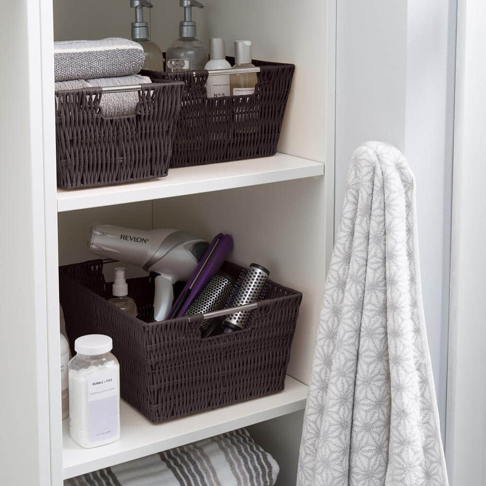 Chocolate Rattan Rectangular Storage Tote with Stainless Steel Handles