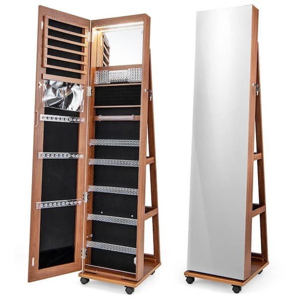 Mecale 15 in. x 64 in. Brown Freestanding Lockable MDF Jewelry Armoire Organizer Box Storage with Mirror