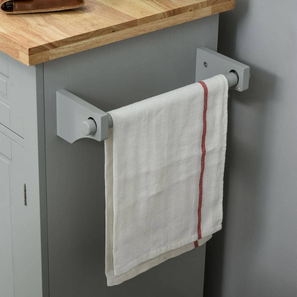 Gray Wood Kitchen Cart with Butcher Block Top and Spice Rack