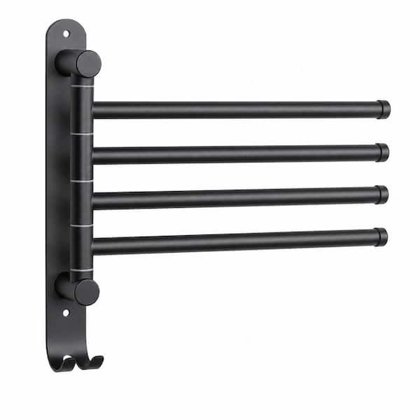 14.7 in. Stainless Steel Wall Mounted 4-Arm Towel Bar in Matte Black, Swivel Towel Rack with Hook