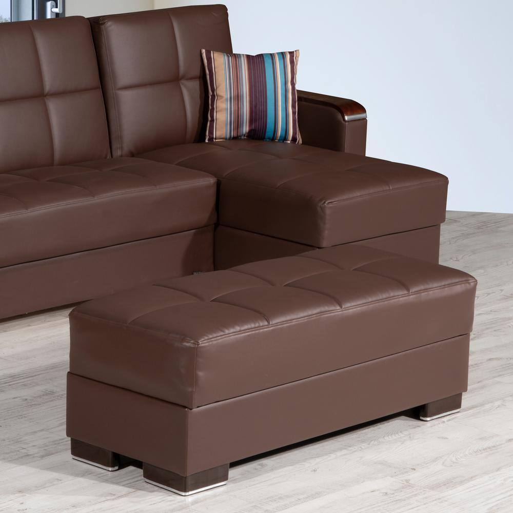 Elegant Brown Faux Leather Storage Ottoman with Metal Frame