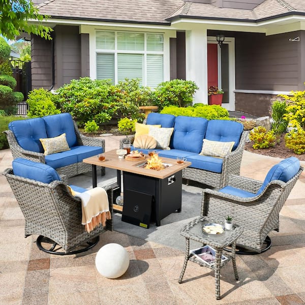 weaxty W Tulip M Gray 6-Piece Wicker Patio Storage Fire Pit Conversation Set with Swivel Rocking Chairs and Diamond Blue Cushions