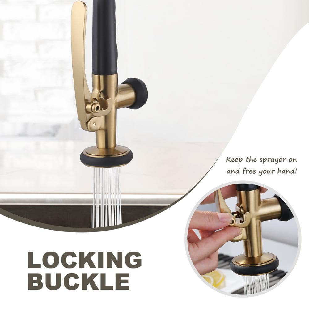 Gold Deck Mounted Double Handle Pull Down Sprayer Kitchen Faucet