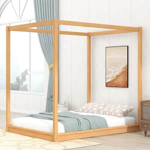 Natural(Brown) Wood Frame Full Size Canopy Bed with Support Legs