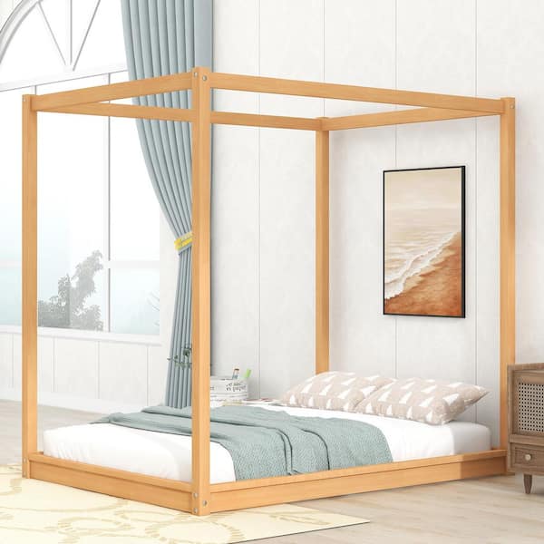 Harper & Bright Designs Natural(Brown) Wood Frame Full Size Canopy Bed with Support Legs