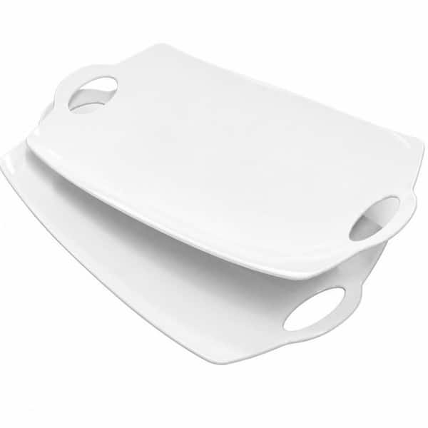 16 in. White Porcelain Rectangular Platter with Handles, Meat Serving Dish for Entertaining, Serving Platter (Set of 2)