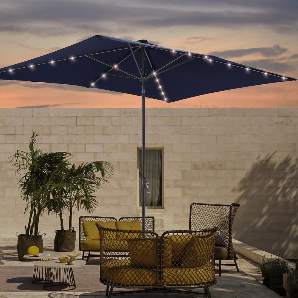 6 ft. x 9 ft. Rectangular Market Umbrella Solar LED with Tilt Function Patio Market Umbrella in Navy Blue price history on PriceWatchPro