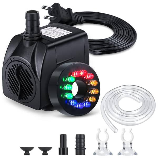 220 GPH Submersible Fountain Pump with 12 LED Lights, 3 Nozzles and 6.5 ft Tubing for Ponds and Aquariums