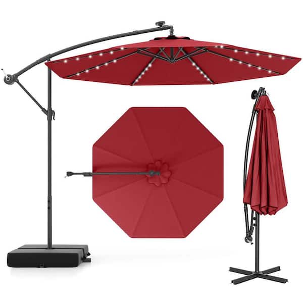 Costway 10 ft. Steel Hanging Offset Umbrella 32 LED Lights Sand Bag Cantilever Patio Umbrella in Wine