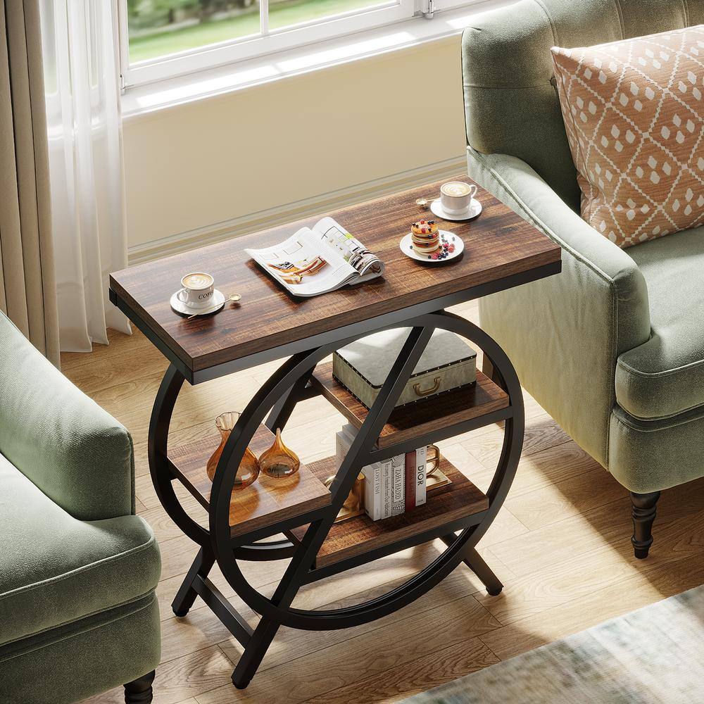 25.59 in. Rustic Brown Rectangle Engineered Wood End Table, 3-Tier Narrow Side Table with Storage, Set of 2 - thumbnail 4