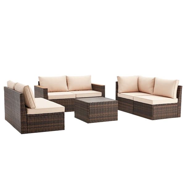 Unbranded 7-Piece Brown Wicker and Steel Frame Outdoor Patio Sectional Sofa Sets with Khaki Cushions for Backyard, Lawn