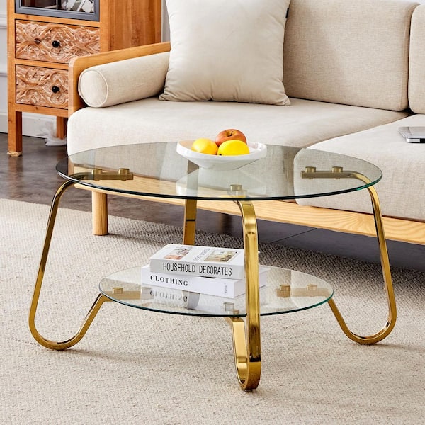 31.5 in. Round Clear Tempered Glass Coffee Table-Double Storage Space and Gold Metal Legs for Living Room