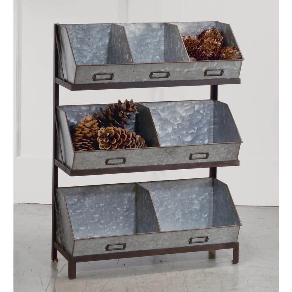 Industrial Gray Metal 3-Tier Bin Organizer Display