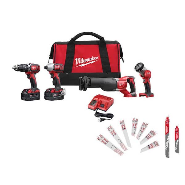 Milwaukee M18 18V Lithium-Ion Cordless Combo Kit with Two 3.0Ah Batteries, Charger, Tool Bag (4-Tool) with SAWZALL Blade Set