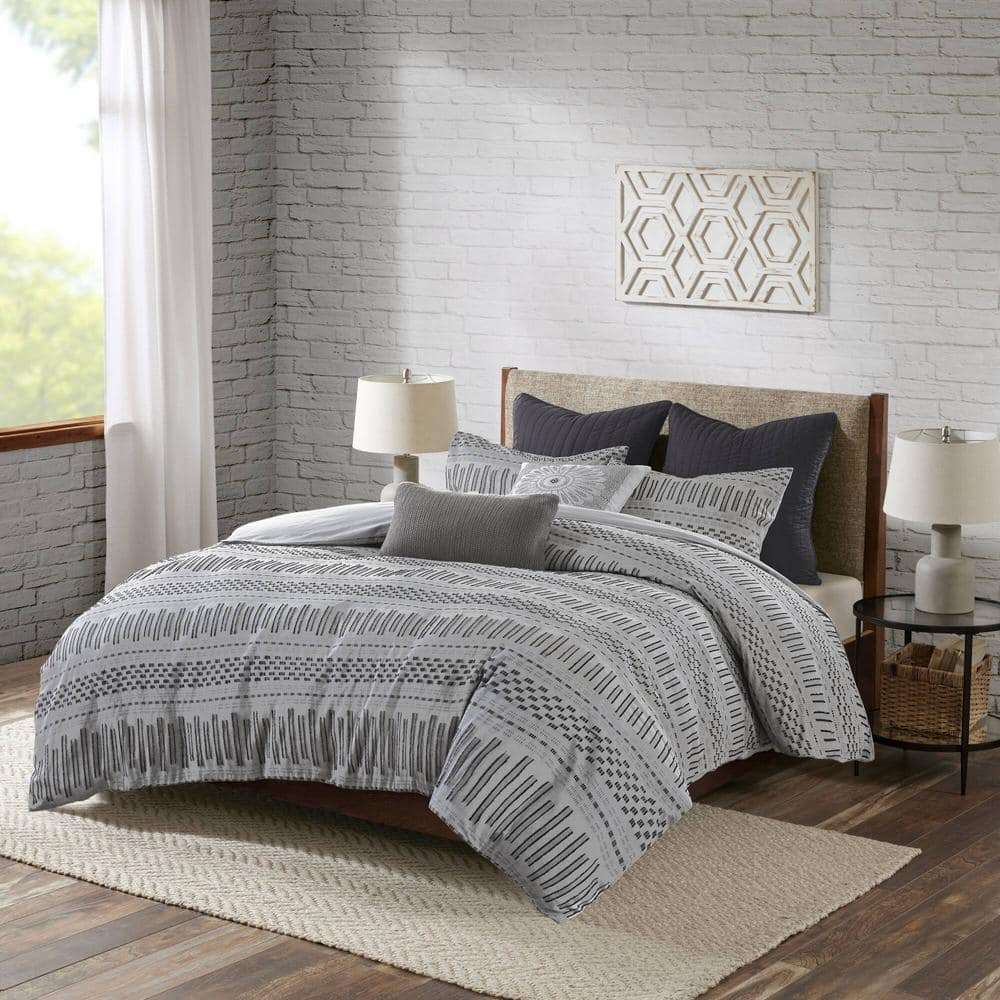 Full/Queen Gray Cotton Jacquard Duvet Cover Set with Textured Accents