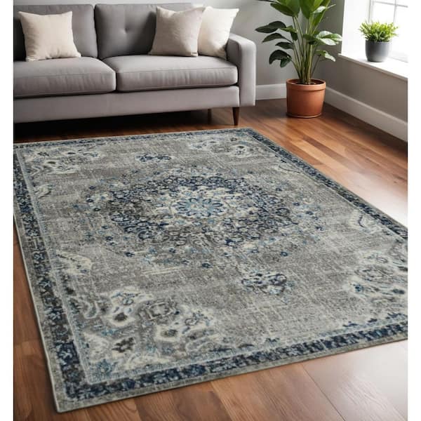 5 ft. x 7 ft. Teal Gray And Ivory Area Rug