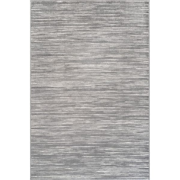 Linea Gray 9 ft. x 12 ft. Rubber Back Washable Modern Striped Indoor Outdoor Patio Area Rug