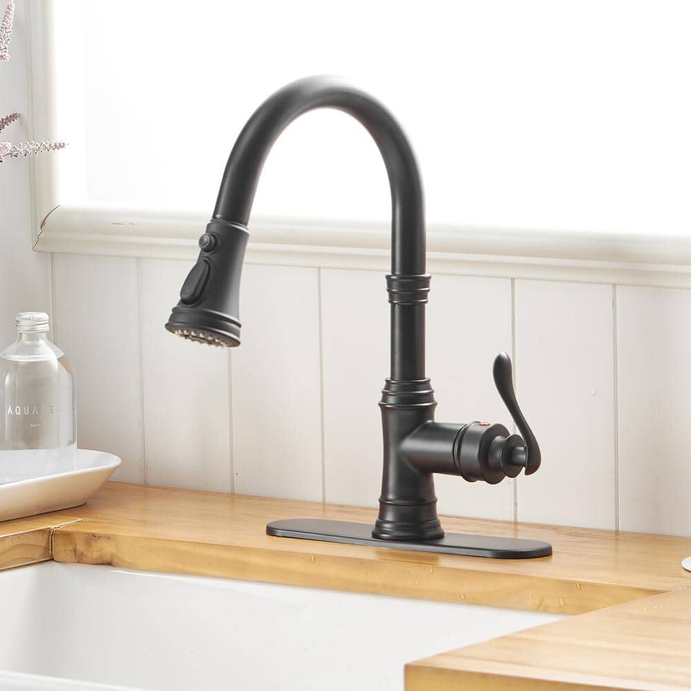 Matte Black Single-Handle Pull-Down Kitchen Faucet with Deck Plate