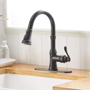Single-Handle Pull-Down Sprayer 3 Spray High Arc Kitchen Faucet With Deck Plate in Matte Black