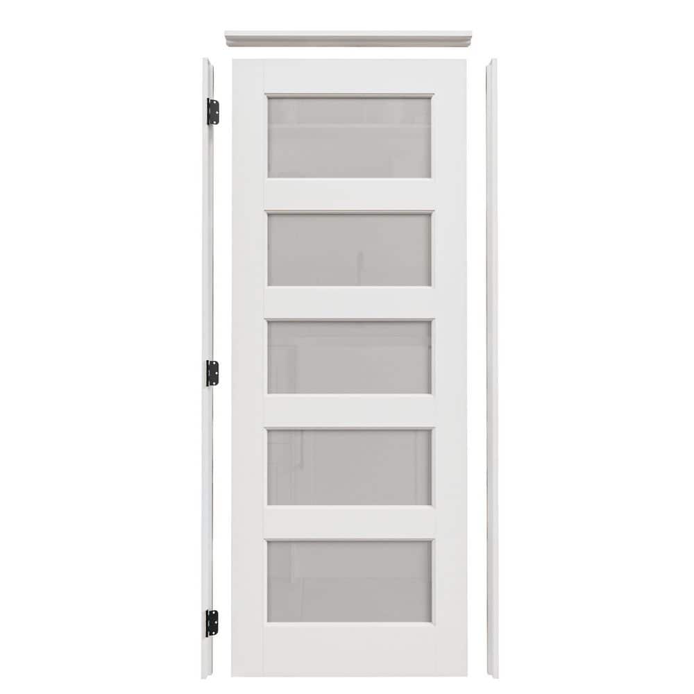 28 in. x 80 in. White 5-Lite Frosted Glass MDF Prehung Door