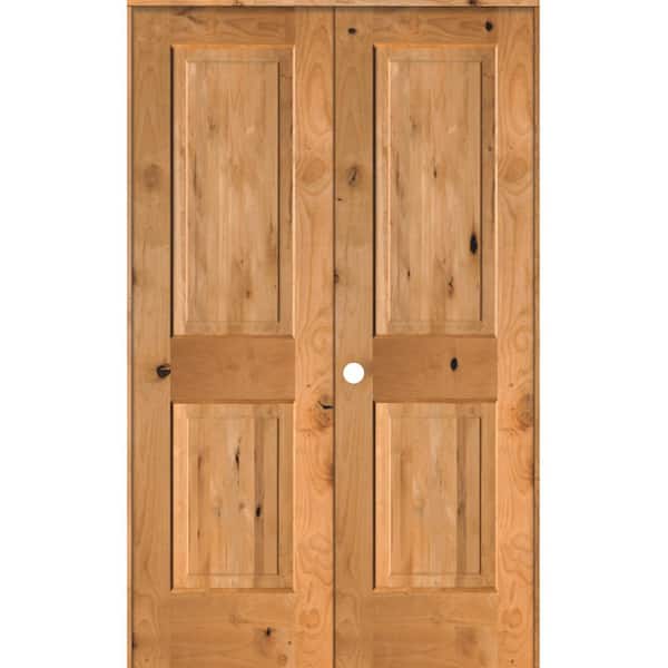Krosswood Doors 48 in. x 80 in. Rustic Knotty Alder 2-Panel Right-Handed Clear Stain Wood Double Prehung Interior Door with Square-Top