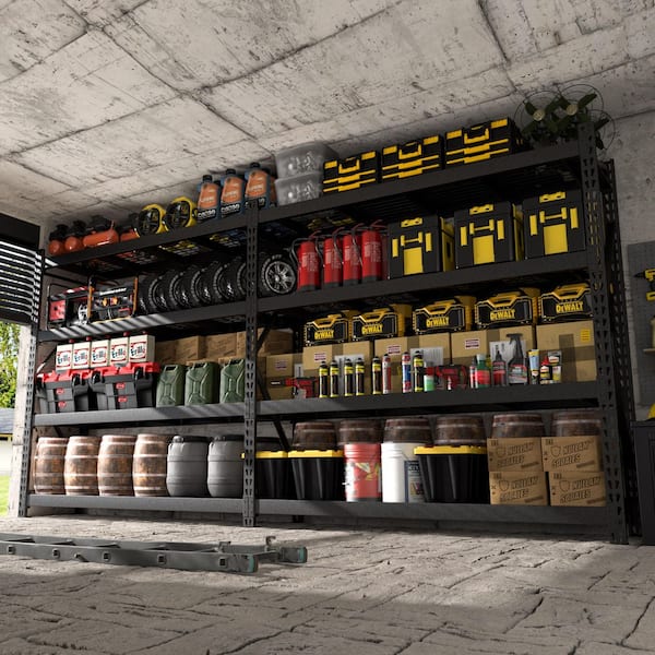 87 in. Black Metal 4-Tier Garage Storage Shelving Bookcases Unit with Adjustable Shelves (91 in. W x 24 in. D)