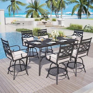 7-Piece Metal Rectangle Bar Height Outdoor Dining Set with Beige Cushions