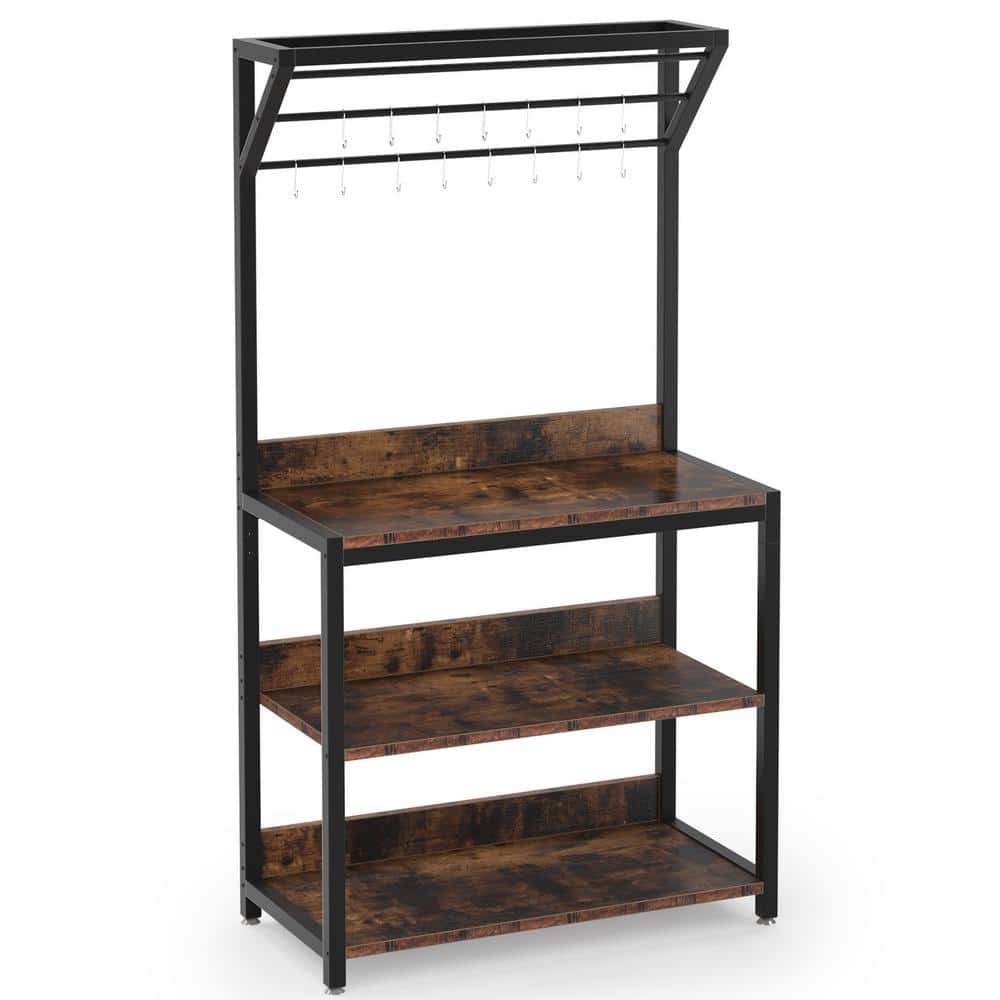 HOMECHO Tall Kitchen Bakers Rack with Storage Cabinet Industrial 4-Tier Microwave Oven Stand Dark Brown Free Standing Kitchen Utility Storage Shelf Rack