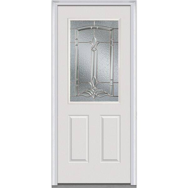 MMI Door 34 in. x 80 in. Bristol Right-Hand Inswing 1/2-Lite Decorative 2-Panel Primed Fiberglass Smooth Prehung Front Door