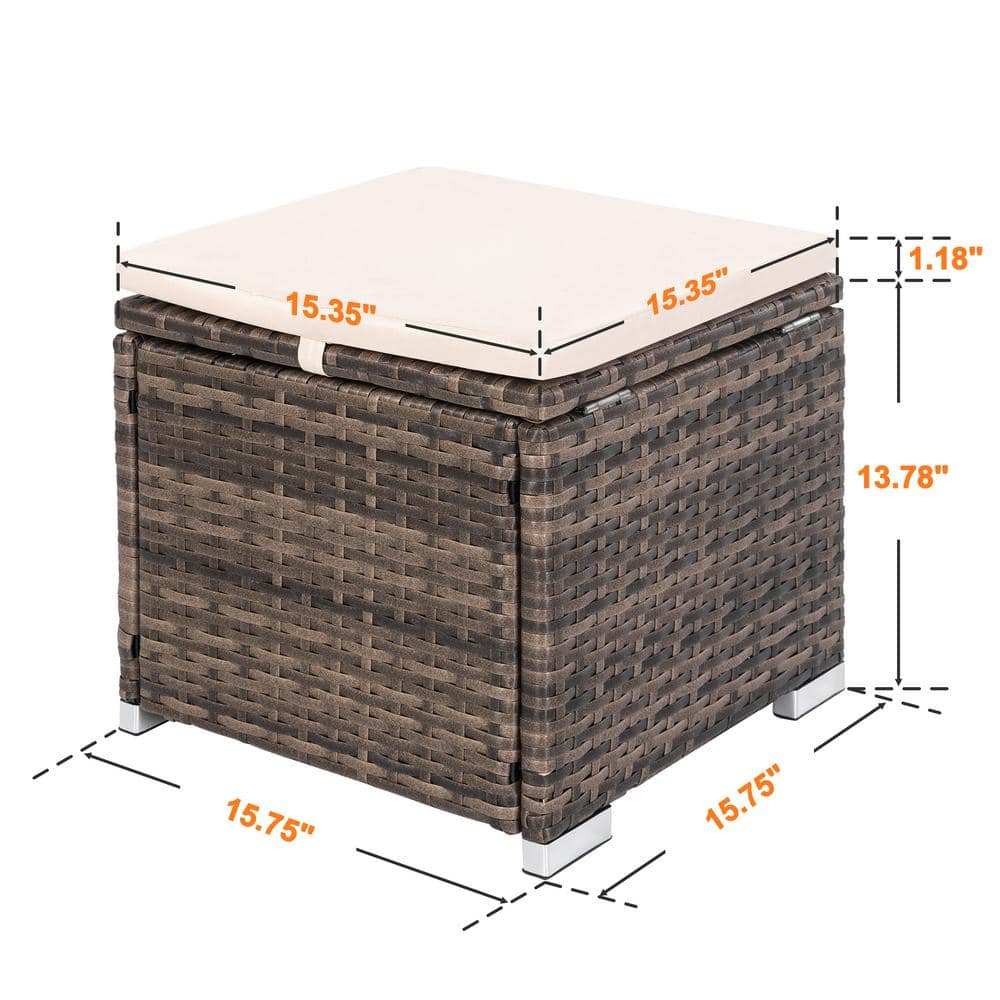 Brown and Beige Wicker Outdoor Storage Ottoman with Cushion