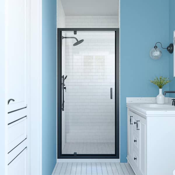SHAAMA 23 to 24 in. W x 72 in. H Pivot Framed Swing Shower Door in Single Panel in Black Finish in 1/4 in. Clear Tempered Glass